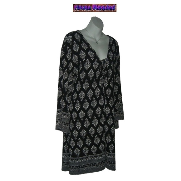 Pacific Beach Bohemian Shirt Dress Black & White Boho Print Tie Neck Plus Sz 3X - Picture 2 of 13